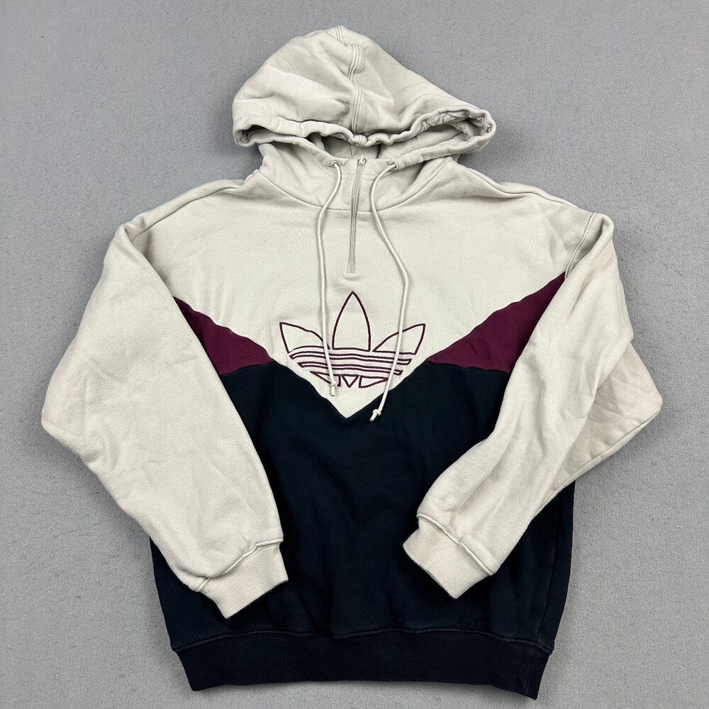 Adidas Hoodie Women XS Beige Colorado Blue 1/4 Pullover Sweatshirt Trefoil